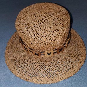 Straw Hat, with front brim and wooden "flowers" on decorative band.
